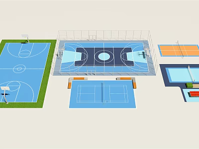 Multiple Basketball Court Layouts With Standard Playing Areas And Training Zones 3d model