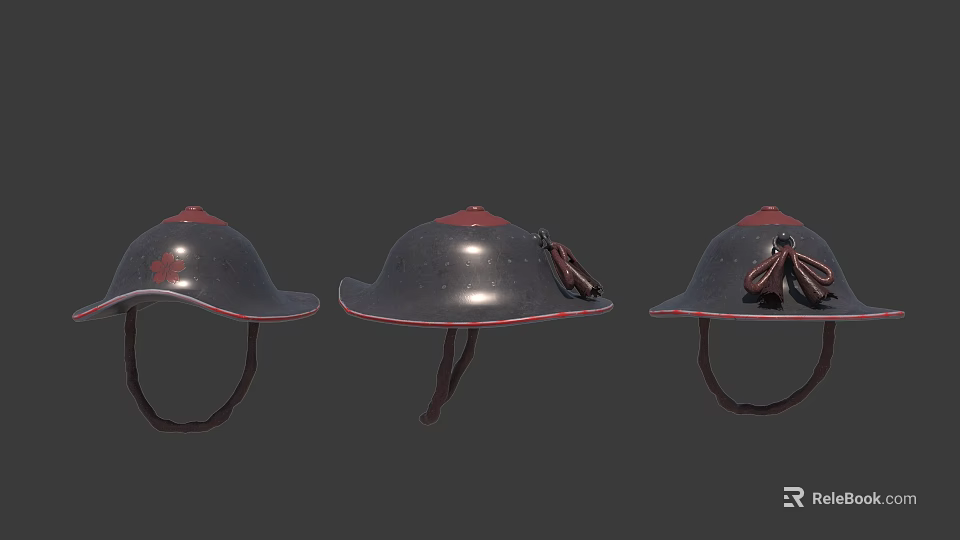 Three Vintage Metal Helmets With Red Top Accents Red Edge Trim And Brown Leather Straps 3d model 