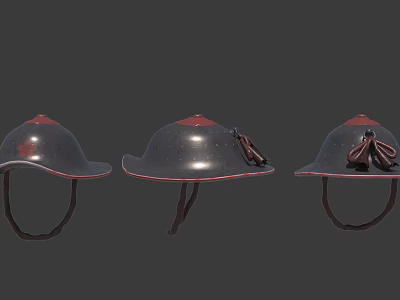Three Vintage Metal Helmets With Red Top Accents Red Edge Trim And Brown Leather Straps 3d model