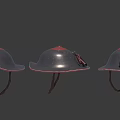 Three Vintage Metal Helmets With Red Top Accents Red Edge Trim And Brown Leather Straps