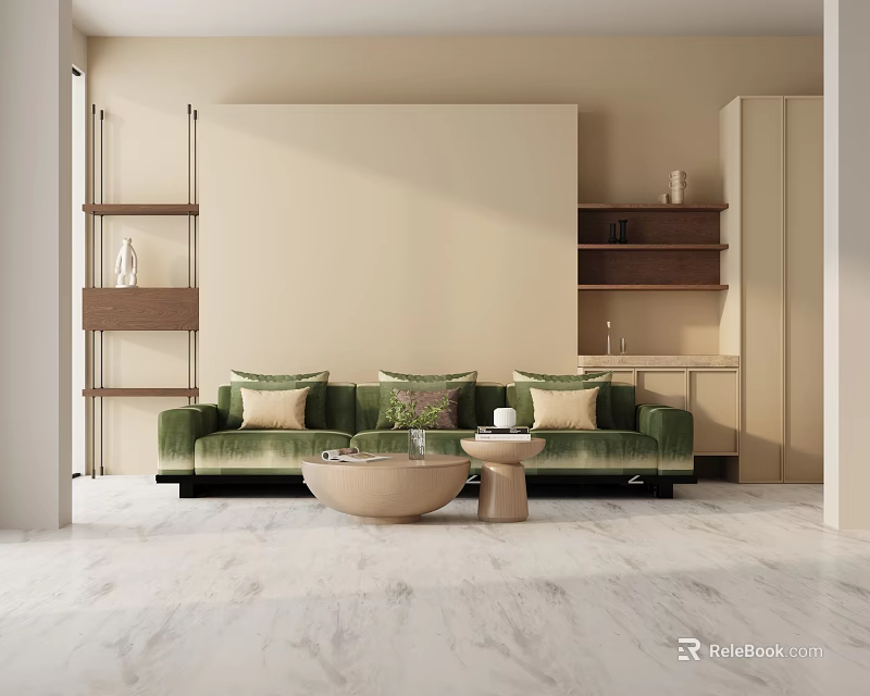 Green Three Seater Sofa With Pillows And Coffee Table In Modern Living Room 3d model 