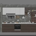 Modern Kitchen Interior With Hanging Kitchenware White Cabinets Gray Countertop And Appliances 3d model