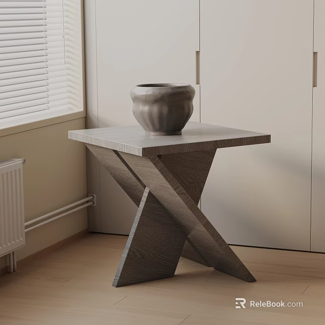 Modern Wooden Side Table With Cross Base Marble Top And Vase In Living Room Corner 3d model 