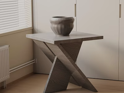 Modern Wooden Side Table With Cross Base Marble Top And Vase In Living Room Corner 3d model