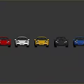 Five Colorful Toy Cars in Red White Yellow Gray and Blue Lined Up