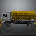 Yellow And Gray Snow Removal Truck With Front Plow And Striped Cargo Bed