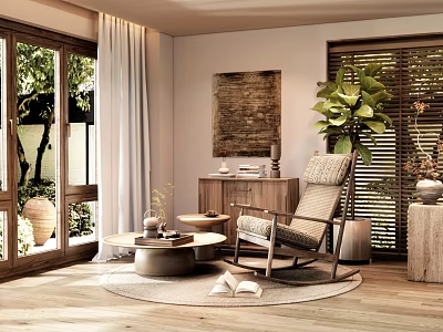 Cozy Modern Lounge Chair In Room With Wooden Floor Large Window Plants And Side Table 3d model
