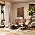 Cozy Modern Lounge Chair In Room With Wooden Floor Large Window Plants And Side Table