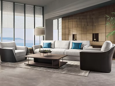 Modern Living Room Sofa and Coffee Table Set with Blue Cushions and Accent Chairs 3d model