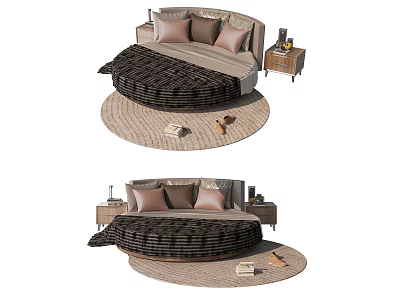 Round Bed With Plush Pillows And Wooden Nightstand On Beige Area Rug 3d model