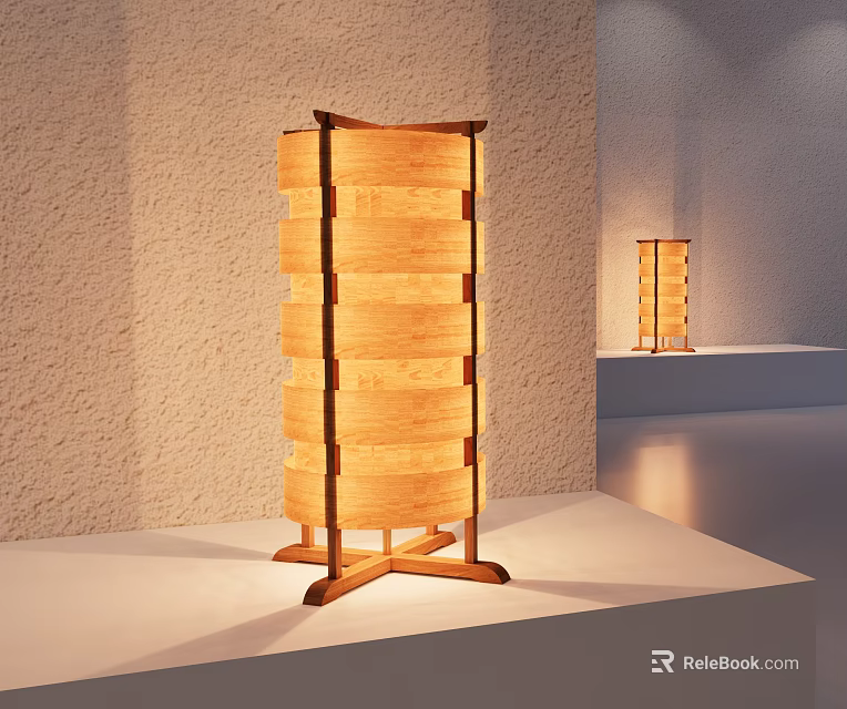 Natural Wooden Table Lamp With Stacked Panels And Warm Light On 3d model 