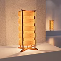 Natural Wooden Table Lamp With Stacked Panels And Warm Light On