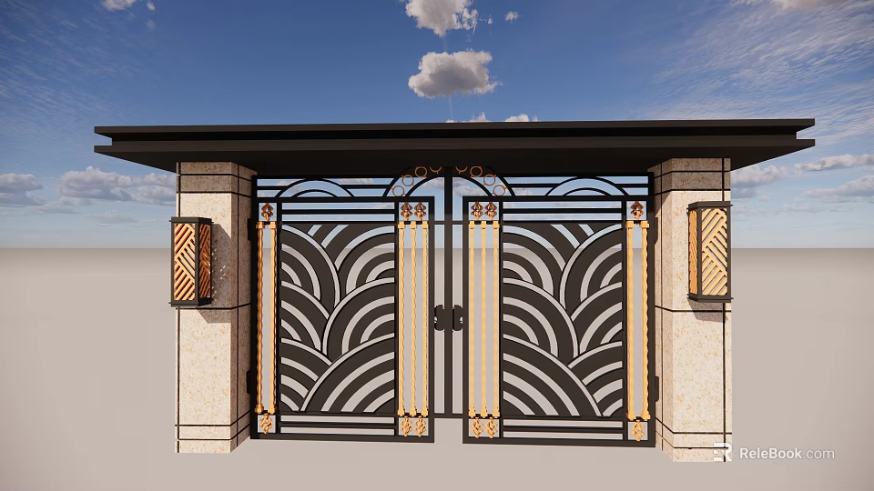 Wrought Iron Entrance Gate With Modern Artistic Wavy Patterns Stone Pillars And Wall Lamps 3d model 