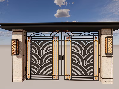 Wrought Iron Entrance Gate With Modern Artistic Wavy Patterns Stone Pillars And Wall Lamps 3d model