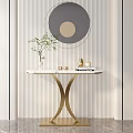 Modern Entryway Console Table With Marble Top Decorative Vase And Round Mirror