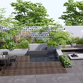 Courtyard Garden with Lush Green Plants Trees Stone Slab Flooring and Outdoor Seating