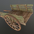 Vintage Old Wooden Cart With Green Planks And Large Worn Wheel