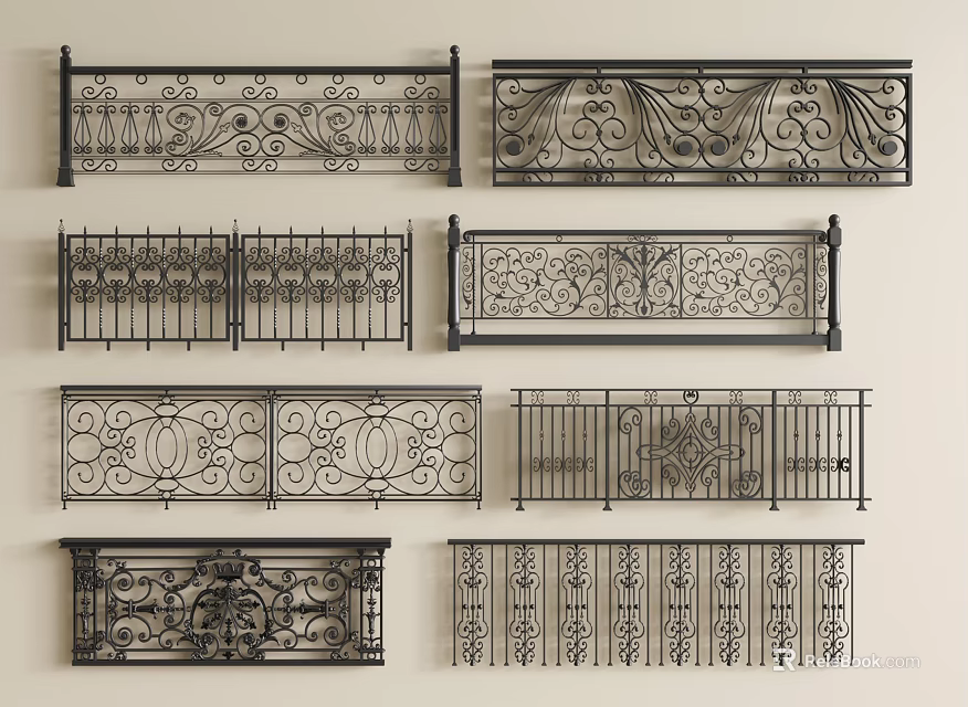 Various Wrought Iron Railings Featuring Ornate Designs And Intricate Decorative Patterns 3d model 