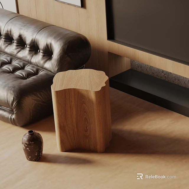 Minimalist Wooden Side Table in Modern Living Room with Leather Sofa and Ceramic Vase 3d model 
