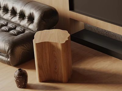 Minimalist Wooden Side Table in Modern Living Room with Leather Sofa and Ceramic Vase 3d model