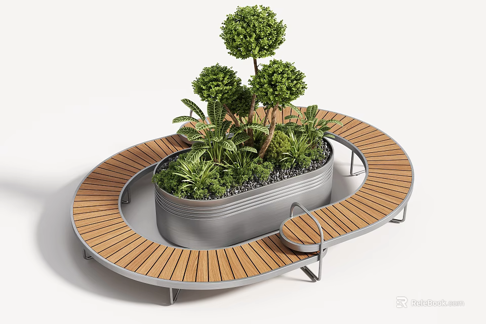 Stylish Circular Wooden Outdoor Bench With Integrated Metal Planter For Garden And Public Leisure Spaces 3d model 