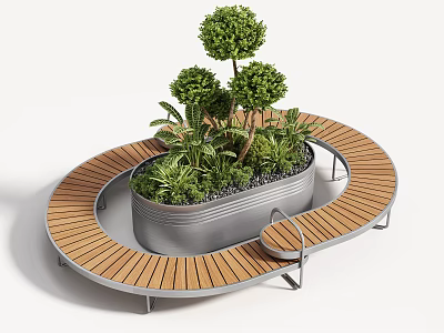 Stylish Circular Wooden Outdoor Bench With Integrated Metal Planter For Garden And Public Leisure Spaces 3d model