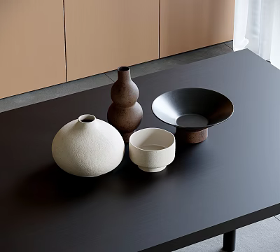 Minimalist Ceramic Vessels In White Brown Black On Dark Table With Wooden Cabinets 3d model