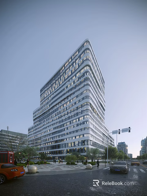 Modern High Rise Office Building Showcasing Glass Curtain Wall And Urban Setting 3d model 