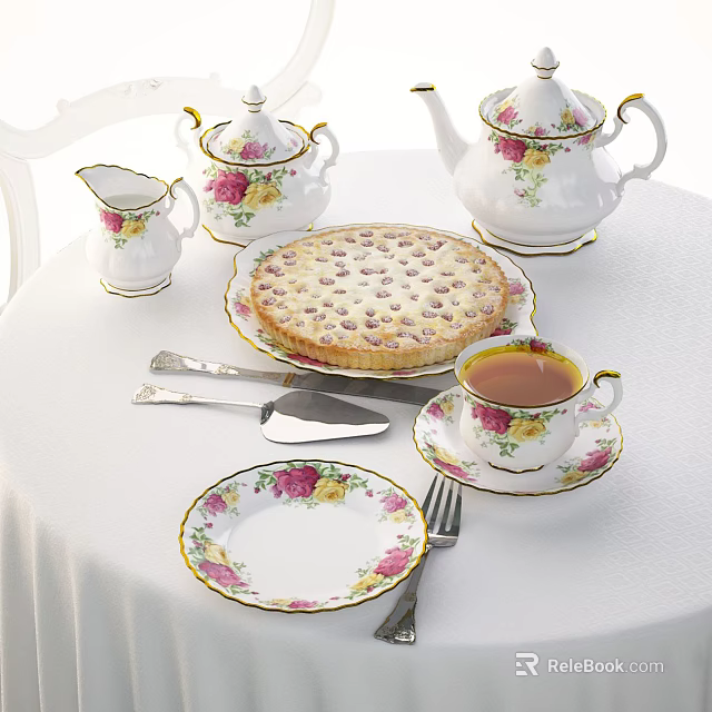 Delicate Floral Pattern Tableware Set Featuring Teapot Creamer Teacup Plates Pie and Cutlery 3d model 