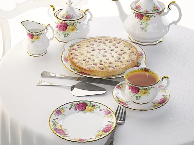 Delicate Floral Pattern Tableware Set Featuring Teapot Creamer Teacup Plates Pie and Cutlery 3d model