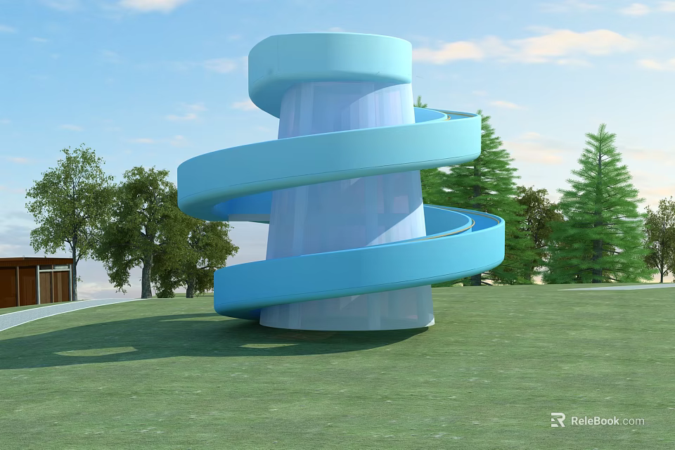 Blue Spiral Road Facility With Green Lawn And Trees Under Clear Sky 3d model 