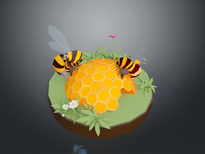 3D Illustration of Bees on Honeycomb with Grass Small Flower and Daisies 3d model