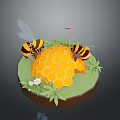 3D Illustration of Bees on Honeycomb with Grass Small Flower and Daisies