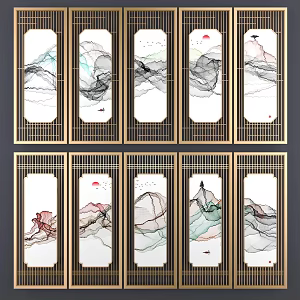 New Chinese Landscape Painting Metal Screen Partition 3d model