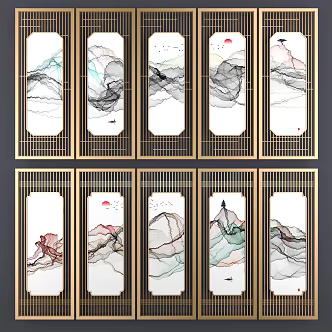 New Chinese Landscape Painting Metal Screen Partition 3d model
