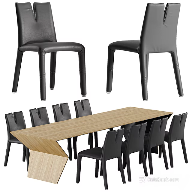 Wooden Dining Table Set With Multiple Black Chairs For Modern Dining Room 3d model