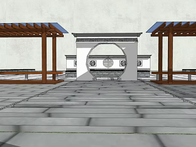 Traditional Courtyard Garden Design With Circular Archway Wooden Pergolas And Stone Pavement 3d model