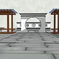 Traditional Courtyard Garden Design With Circular Archway Wooden Pergolas And Stone Pavement