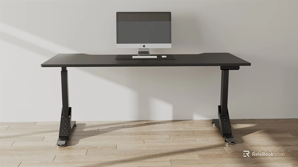Black Entertainment Desk With Adjustable Stand Computer Monitor And Keyboard On Wooden Floor 3d model 