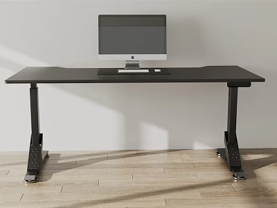 Black Entertainment Desk With Adjustable Stand Computer Monitor And Keyboard On Wooden Floor 3d model