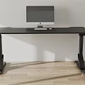 Black Entertainment Desk With Adjustable Stand Computer Monitor And Keyboard On Wooden Floor