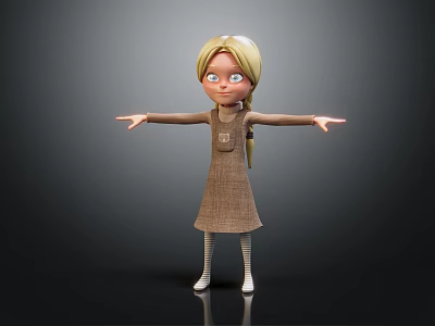 Blonde Game Movie Character In Brown Dress With White Striped Socks Arms Outstretched Surprised Expression 3d model