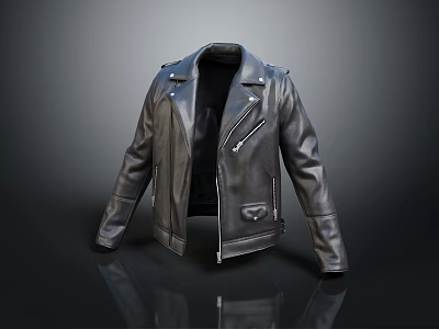 Black Leather Jacket Classic Biker Style With Zipper Closure Front Pockets And Sleek Design 3d model