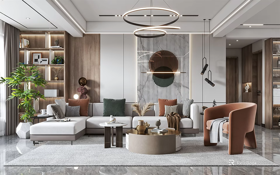 Modern Living Room Design With Sofa Round Coffee Table And Decor 3d model