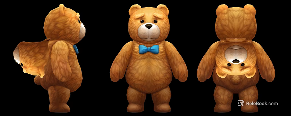 Brown Stuffed Teddy Bear Doll with Blue Bow Tie Front Side Back Views 3d model 