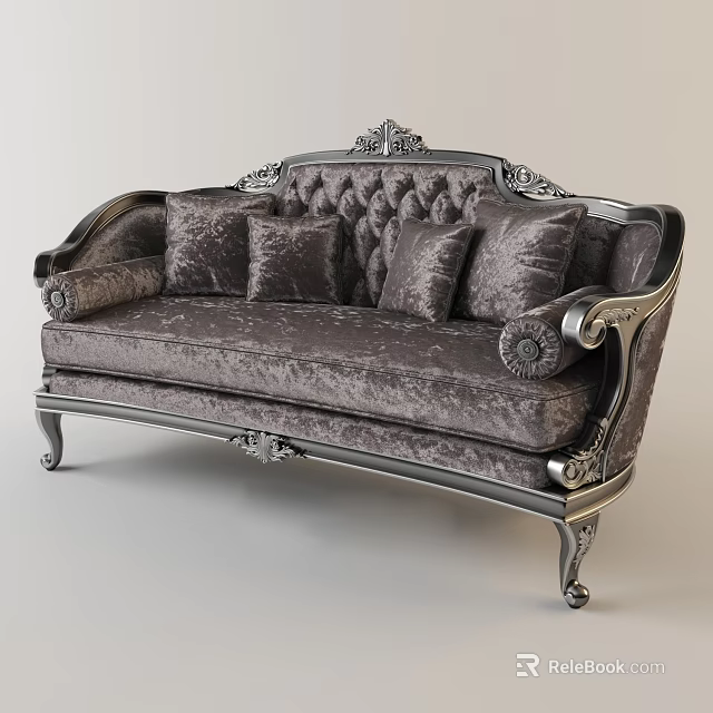 Luxurious Classical European Style Sofa Dark Gray Velvet Fabric Carved Decorations Silver Metal Legs 3d model 