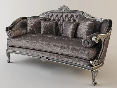 Luxurious Classical European Style Sofa Dark Gray Velvet Fabric Carved Decorations Silver Metal Legs 3d model