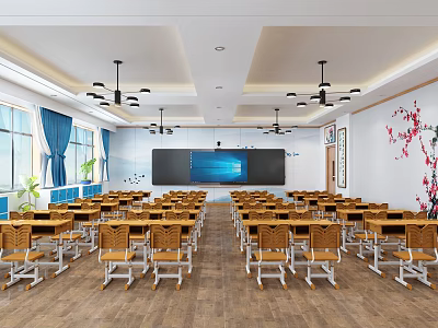 Modern School Classroom With Rows of Desks Chairs Blackboard Chandeliers Windows and Decorative Paintings 3d model