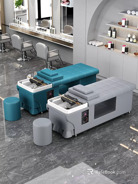 Modern Beauty Hair Salon Interior with Styling Chairs Treatment Beds and Equipment 3d model 