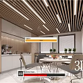 Modern Pantry Interior Design With Wooden Gray Cabinets Coffee Machine Table Chairs Windows And Blinds
